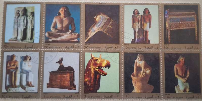 Fujeira 1972 Egyptian art Block of 10 Cancelled Hinged stamps