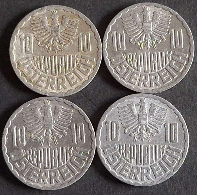 Austria 1971, 72, 74 and 95 4x10 Groschen Aluminum