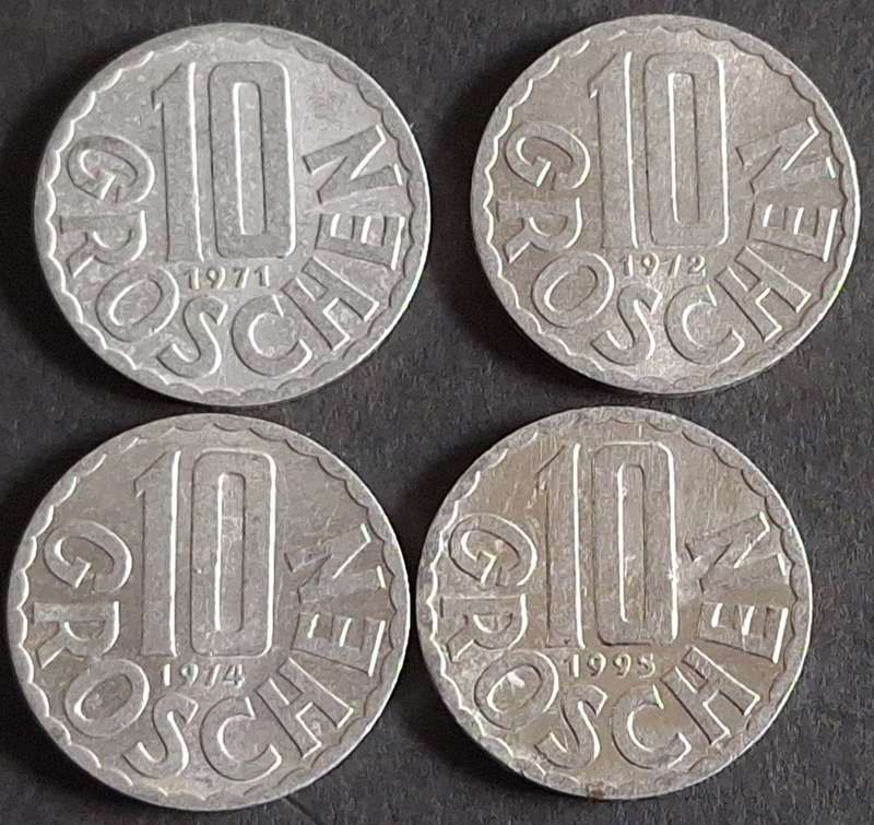 Austria 1971, 72, 74 and 95 4x10 Groschen Aluminum