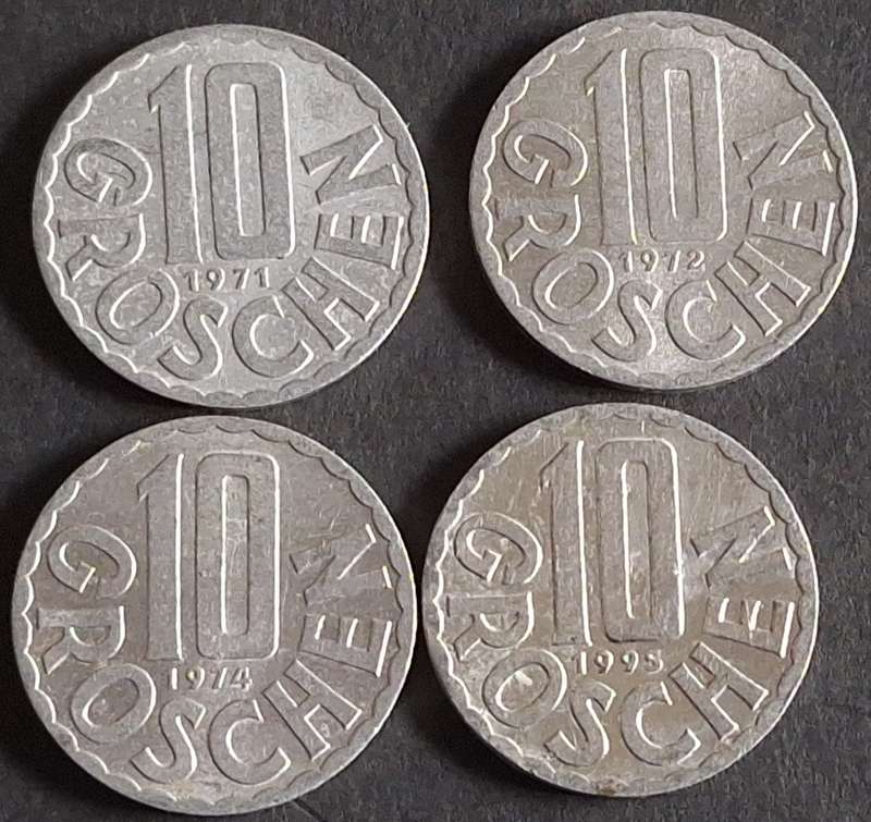 Austria 1971, 72, 74 and 95 4x10 Groschen Aluminum