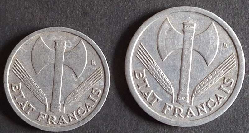 France 1942 1 Franc Aluminium-magnesium and 1943 2 Francs Aluminium-magnesium