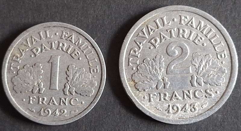 France 1942 1 Franc Aluminium-magnesium and 1943 2 Francs Aluminium-magnesium
