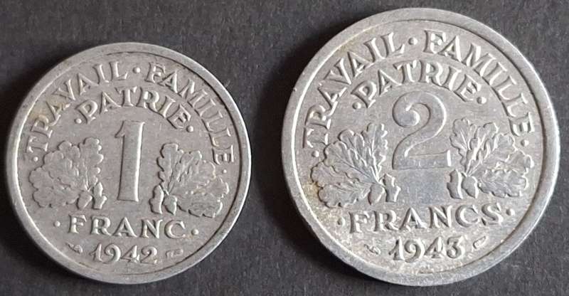 France 1942 1 Franc Aluminium-magnesium and 1943 2 Francs Aluminium-magnesium