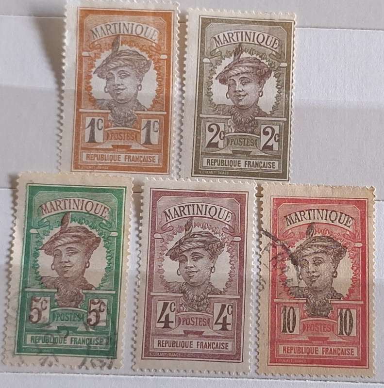 French Martinique 1908 Martinique Woman 2 Used and 3 Unused Hinged stamps