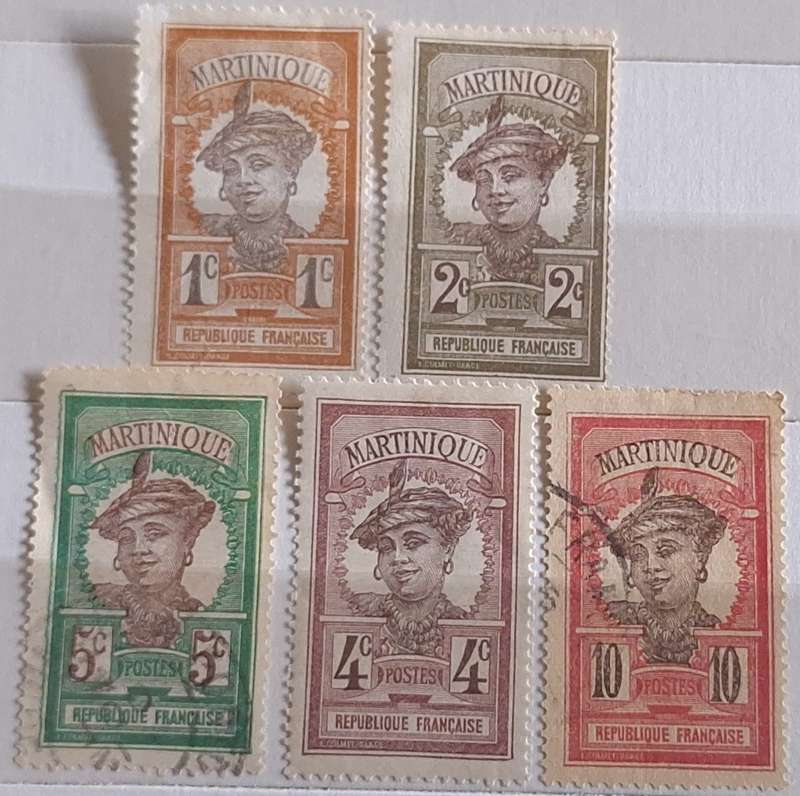 French Martinique 1908 Martinique Woman 2 Used and 3 Unused Hinged stamps