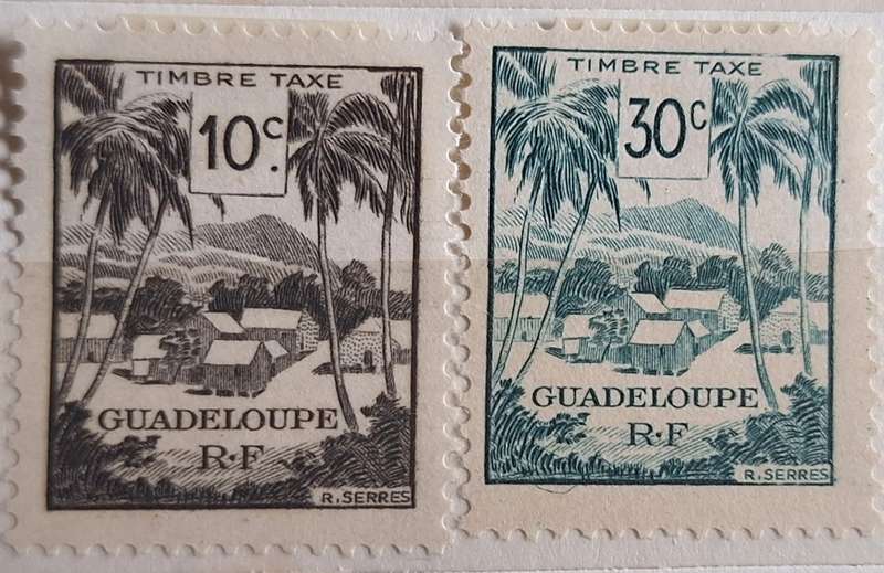 French Guadeloupe 1947 Palm Trees and Village 2 Unused Hinged Tax stamps