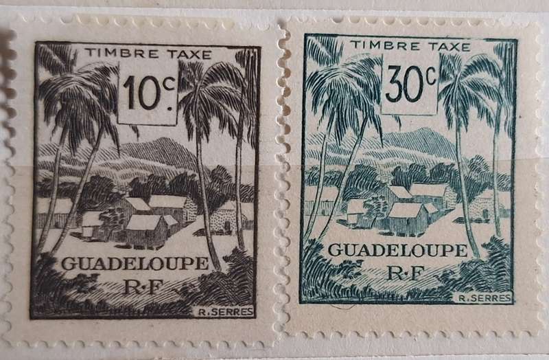 French Guadeloupe 1947 Palm Trees and Village 2 Unused Hinged Tax stamps