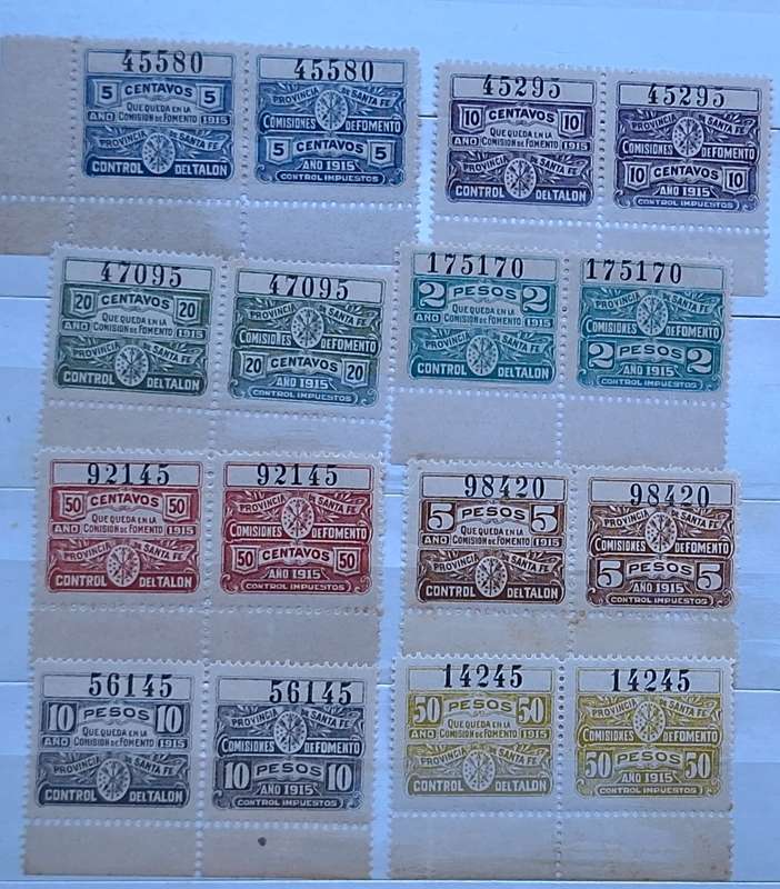 Argentina 1915 Local Wine Revenue Province Santa Fe 8 Unused Numbered pairs