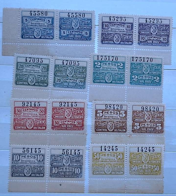 Argentina 1915 Local Wine Revenue Province Santa Fe 8 Unused Numbered pairs