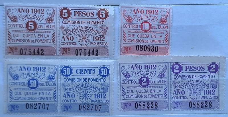 Argentina 1912  Local Wine Revenue Province Santa Fe 3 Unused Numbered pairs and 1 single