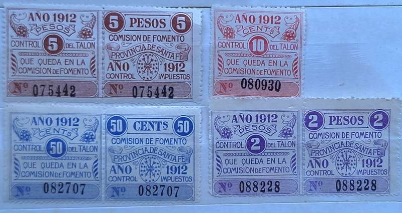 Argentina 1912  Local Wine Revenue Province Santa Fe 3 Unused Numbered pairs and 1 single