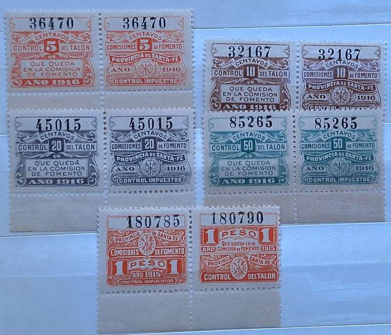 Argentina 1915 and 1916 Local Wine Revenue Province Santa Fe 5 Unused Numbered pairs