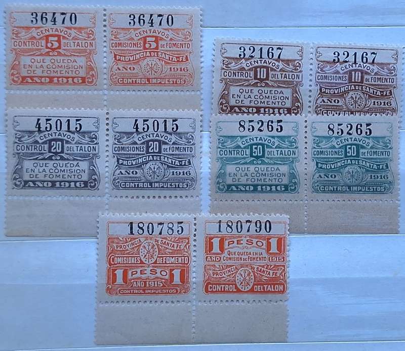 Argentina 1915 and 1916 Local Wine Revenue Province Santa Fe 5 Unused Numbered pairs