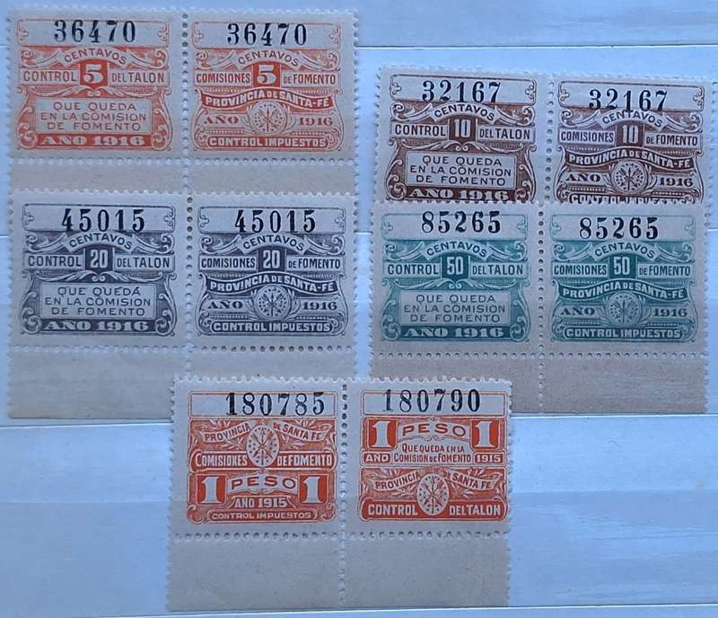 Argentina 1915 and 1916 Local Wine Revenue Province Santa Fe 5 Unused Numbered pairs
