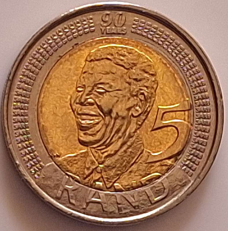 South Africa R5 Mandela Bimetallic: brass center in copper-nickel ring