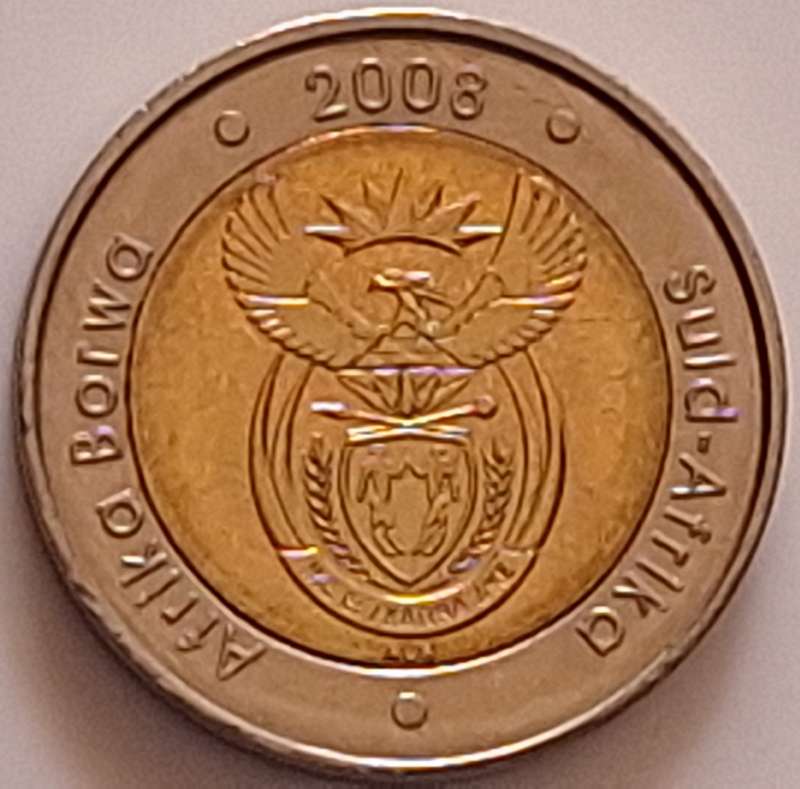 South Africa R5 Mandela Bimetallic: brass center in copper-nickel ring