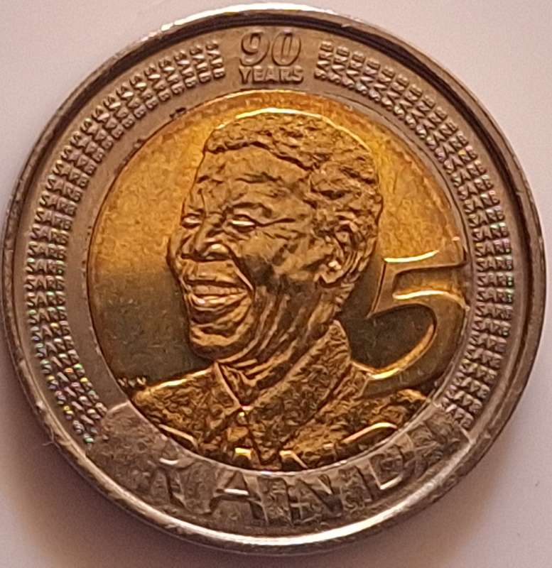 South Africa R5 Mandela Bimetallic: brass center in copper-nickel ring