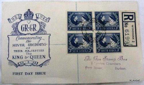 BLOCK OF 4 OVERPRINT S.W.A. : FIRST DAY ISSUE : SILVER WEDDING - 1923 - 1948