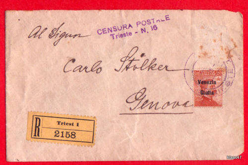 CENSURA POSTALE : TRIESTE - N. 16 : REG 2158 TRIEST 1 : 20c ITALIANE OVERPRINTED VENEZIA GIULIA