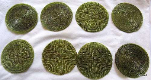 8 BEADED COASTERS : GREEN : BEADS THREADED ON WIRE - TWO TYPES (FOUR EACH)