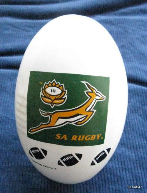 S A RUGBY : LICENSED PRODUCT : PORCELAIN RUGBY BALL : 12.5cm WIDE : 7cm DIAMETER BASE