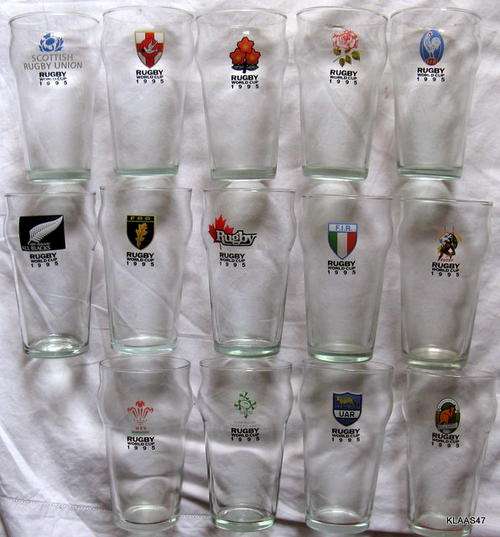 14 BEER GLASSES : RUGBY WORLD CUP 1995 : EACH WITH A DIFFERENT BADGE : 14cm HIGH
