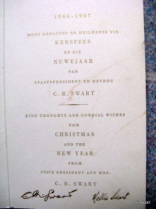 CHRISTMAS CARD : 1966-1967 : REP OF S.A. - S.P. OFFICE : SIGNED BY C.M.SWART & NELLIE SWART