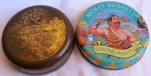 EMPTY TIN : MOLLY BUSHELL : 9cm DIAMETER 3.5cm DEEP : SERIES 2: NO.1 'SAMSON THE CIRCUS STRONG MAN'