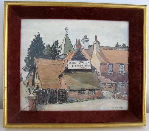 FRAMED WATERCOLOUR of THE BULL, DITCHLING by DONALD MILLER
