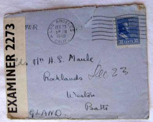 Censored Mail : DEC 23 1940 : From California, USA to Bath, England