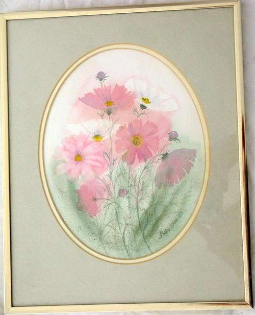 FRAMED WATERCOLOUR OF COSMOS SIGNED BY NELIO LOUW `85