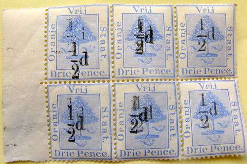 BLOCK OF 6 MINT ORANJE VRIJ STAAT DRIE PENCE WITH 1/2d OVERSTAMP : 4 HAVE DOUBLE OVERSTAMP