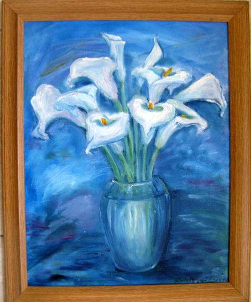 VASE OF ARUM LILLIES : ANNEKE VAN BREDA : FRAMED SIZE - 42.3X52.5cm