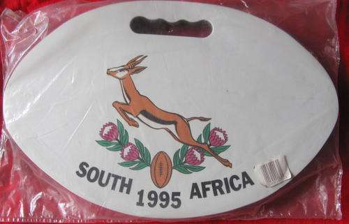1995 RUGBY WORLD CUP : OVAL CUSHION : CHESTER WILLIAMS ON REVERSE : 42x26x3.5cm ; STILL IN PLASTIC