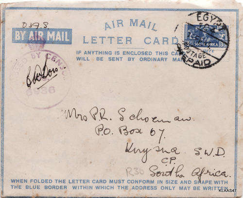 ON ACTIVE SERVICE - CENSORED MAIL - EGYPT TO SOUTH AFRICA 194?
