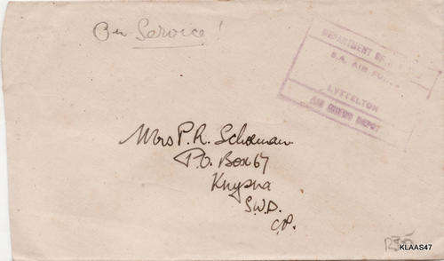 On Service Envelope - Undated - Department of Defence - S.A Air Force - Lyttelton - Air Crew Depot