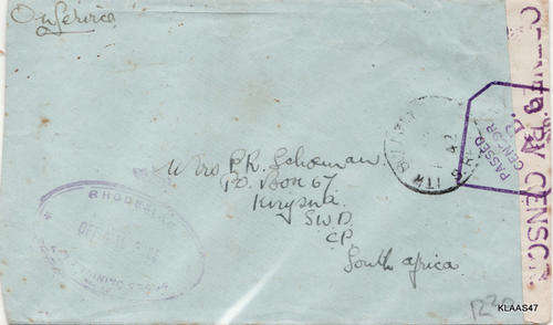 Censor Mail Envelope : Rhodesian AF Training : Date Stamp 1942 Bulawayo to South Africa