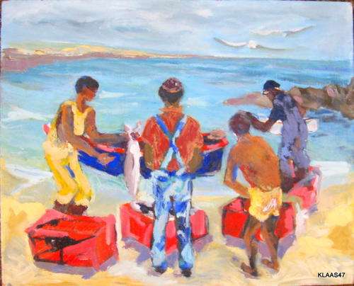 FISHERMEN : UNSIGNED WORK : OIL ON BOARD : 51x41 cm