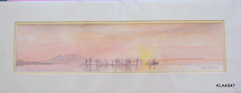 FISHING WITH TABLE MOUNTAIN BACKGROUND : UNFRAMED : LIZ JONES : WTRCLR : 36x9.5cm : MOUNT - 40x15cm