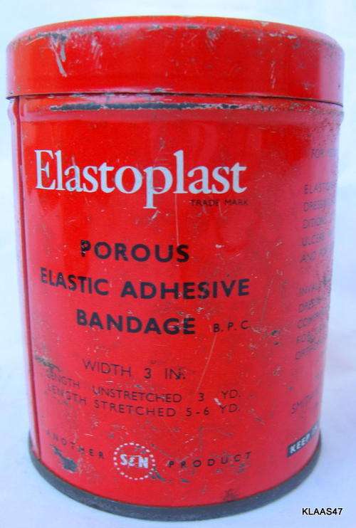ELASTOPLAST : EMPTY TIN : SMITH & NEPHEW, PINETOWN : 9cm HIGH - 7.6cm DIAMETER