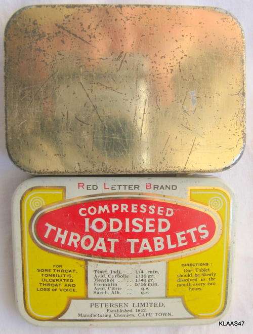 EMPTY TIN RED LETTER BRAND - IODISED THROAT LOZENGES : PETERSEN LTD, CAPE TOWN