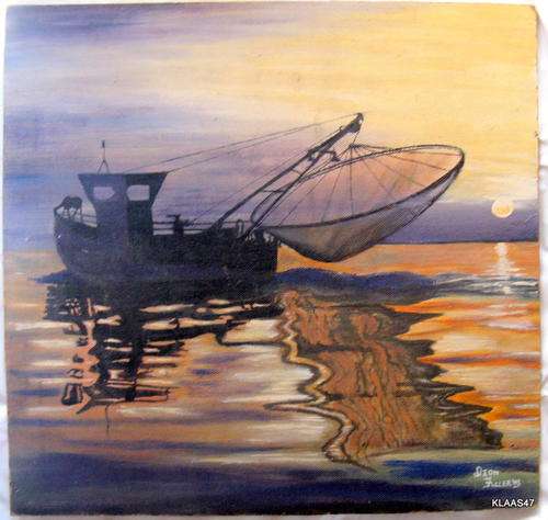 FISHING BOAT : PAINTING ON HARDBOARD : 50,5x48.5cm : DION FULLER