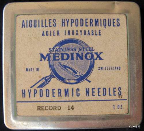 MEDINOX STRAINLESS STEEL HYPODERMIC NEEDLES (10) IN TIN : MADE IN SWITZERLAND : TIN