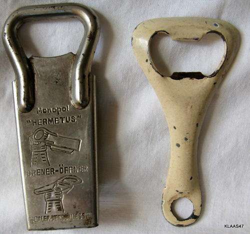 2 BOTTLE OPENERS : MONOPOL - HERMETUS - OPENER/SEALER : & ENAMEL OPENER (CHIPPED)