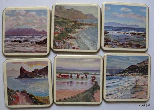 6 COASTERS : CAPE PICTORIAL : CORK BACKED : APOLLO PRODUCT :