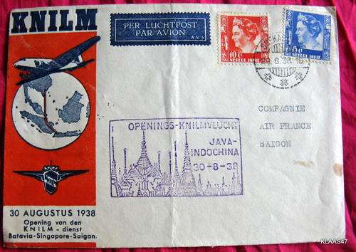 Nederlands Indie - First Flight Cover : KNILM - 20 AUGUST 1938 : Batavia-Singapore-Saigon