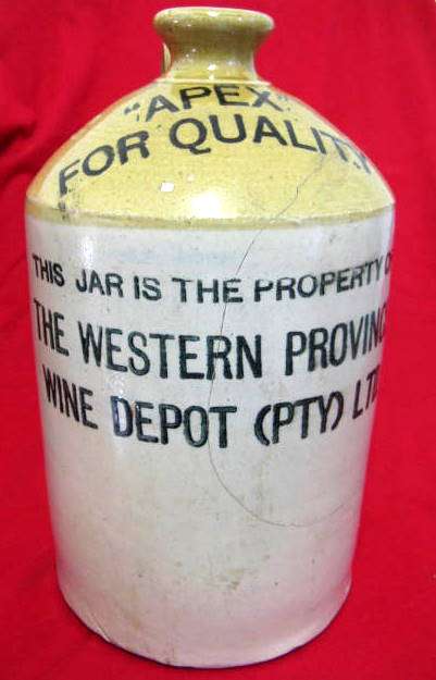1 GALLON POTTERY JAR : WESTERN PROVINCE WINE DEPOT (PTY) LTD : "APEX" : **NOTE CRACK** :  31cm high