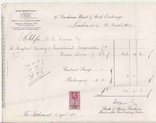 G.W.DAWES & CO : STOCK & SHARE BROKERS, LONDON : 6 APRIL 1933 : 25 CENTRAL MINING & INV  CORP SHARES