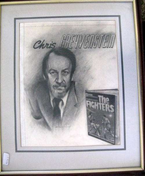 FRAMED DRAWING of AUTHOR and BOOK (CHRIS GREYVENSTEIN `THE FIGHTERS`) by S DE CRISTOFARO