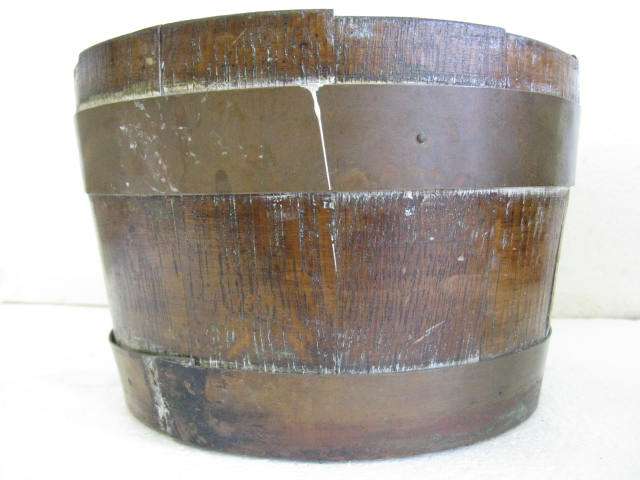 WOODEN  PLANTER : COPPER BANDS : DIAMETER 20cm : DEPTH 13.3cm